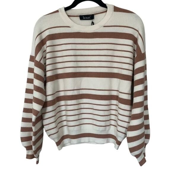 NWT Kourt Cream & Tan Horizontal Stripe Scoop Neck Sweater Size Small - Picture 1 of 6